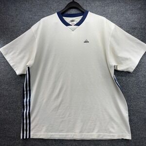 Adidas V Neck T Shirt Cream Blue Stripes Men's XL Athletic Casual 90s Vintage
